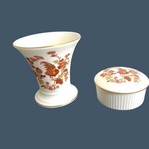 Wedgwood Golden Cockerel Vase Trinket Box Bone China UK England Cream Browns VTG